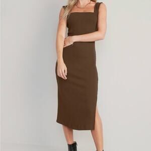 Brown Ribbed Midi Dress XS Fitted Tank Minimalist Stretch Basic
